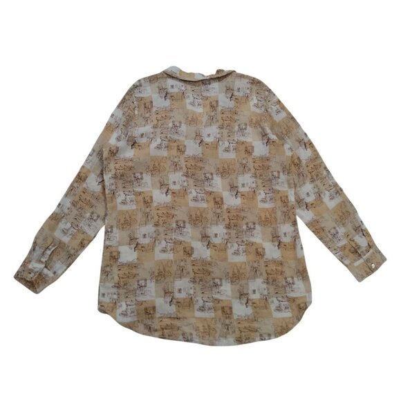 C&C California 100% Linen Beige White Printed Long-Sleeve Shirt Womens Size L. - Picture 2 of 7